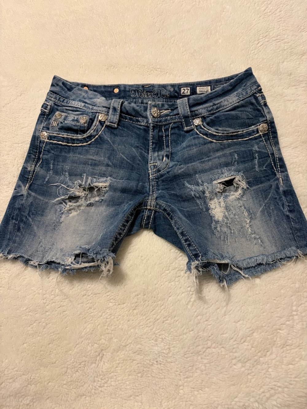 Miss Me Distressed Denim Cutoff Shorts in Blue